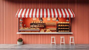 Modern red-white bakery kiosk with striped awning features display counter, stools, and detailed pastry shelving, presenting charming retail design in 3D illustration. kiosk photo