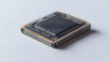 Detailed circuit board and microchip photographed on pristine white surface, highlighting technological precision and industrial components in clean composition. industrial photo