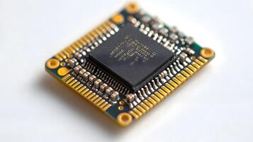 Detailed circuit board and microchip photographed on pristine white surface, highlighting technological precision and industrial components in clean composition. clean photo