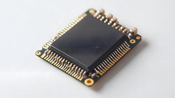 Detailed circuit board and microchip photographed on pristine white surface, highlighting technological precision and industrial components in clean composition. technical photo