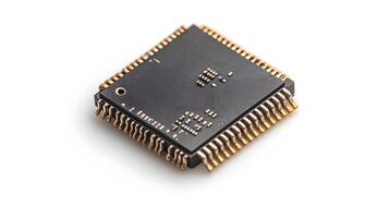 Detailed circuit board and microchip photographed on pristine white surface, highlighting technological precision and industrial components in clean composition. digital photo