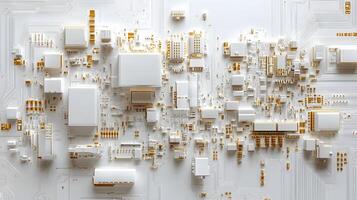 Detailed circuit board and microchip photographed on pristine white surface, highlighting technological precision and industrial components in clean composition. computer photo