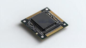 Detailed circuit board and microchip photographed on pristine white surface, highlighting technological precision and industrial components in clean composition. processor photo
