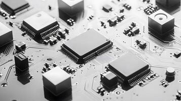 Detailed circuit board and microchip photographed on pristine white surface, highlighting technological precision and industrial components in clean composition. semiconductor photo
