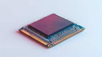 Detailed circuit board and microchip photographed on pristine white surface, highlighting technological precision and industrial components in clean composition. component photo