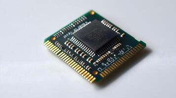 Detailed circuit board and microchip photographed on pristine white surface, highlighting technological precision and industrial components in clean composition. innovation photo