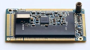 Detailed circuit board and microchip photographed on pristine white surface, highlighting technological precision and industrial components in clean composition. advanced photo
