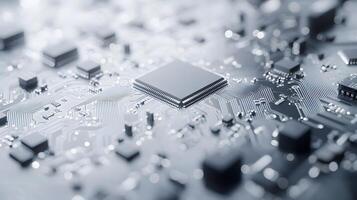 Detailed circuit board and microchip photographed on pristine white surface, highlighting technological precision and industrial components in clean composition. modern photo