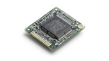 Detailed circuit board and microchip photographed on pristine white surface, highlighting technological precision and industrial components in clean composition. sophisticated photo