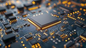 Detailed circuit board and microchip photographed on pristine white surface, highlighting technological precision and industrial components in clean composition. complex photo