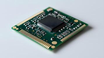 Detailed circuit board and microchip photographed on pristine white surface, highlighting technological precision and industrial components in clean composition. detailed photo