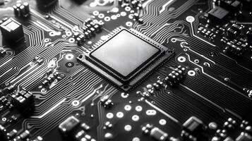 Detailed circuit board and microchip photographed on pristine white surface, highlighting technological precision and industrial components in clean composition. intricate photo