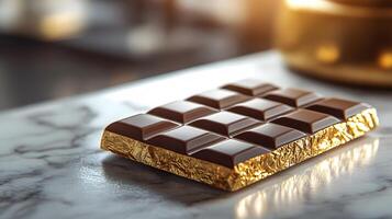 Luxurious dark chocolate bar partially unwrapped from golden foil on marble surface, emphasizing rich textures and elegant product presentation in commercial style. sumptuous photo