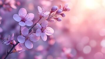 Delicate purple blooms against soft pink gradient create dreamy floral scene with ethereal atmosphere and romantic mood in panoramic macro photography. gradient photo