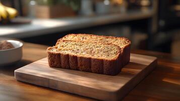 Artisanal banana bread slices on wooden board capture homemade essence with rich browns and perfect texture, styled in rustic yet professional manner. professional photo