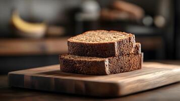 Artisanal banana bread slices on wooden board capture homemade essence with rich browns and perfect texture, styled in rustic yet professional manner. artisanal photo