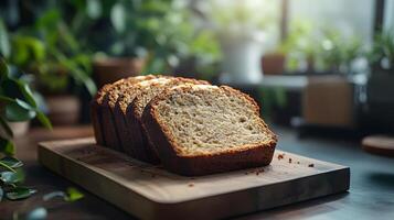 Artisanal banana bread slices on wooden board capture homemade essence with rich browns and perfect texture, styled in rustic yet professional manner. brown photo