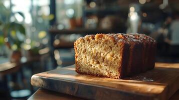Artisanal banana bread slices on wooden board capture homemade essence with rich browns and perfect texture, styled in rustic yet professional manner. delicious photo