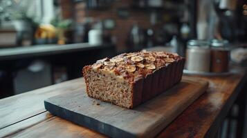 Artisanal banana bread slices on wooden board capture homemade essence with rich browns and perfect texture, styled in rustic yet professional manner. appetizing photo