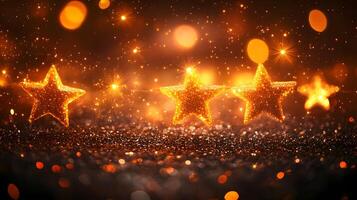 Enchanting star-shaped lights create magical holiday atmosphere with warm golden bokeh, capturing festive spirit in dreamy nighttime illumination. sparkling photo