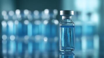 Professional medical still life featuring syringe and vaccine vial against soft blue, emphasizing healthcare precision with dramatic lighting effects. vaccination photo