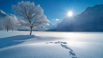 Pristine winter landscape with snow-covered ground, sunlit sky, mountains, and lone tree creates serene panoramic scene with dramatic natural lighting. cold photo