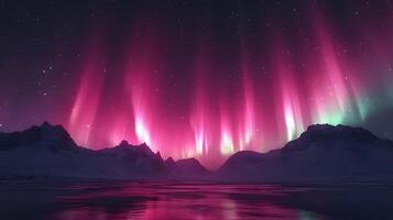 Spectacular aurora borealis displays vibrant pink and turquoise lights over mountain silhouettes, creating mystical arctic nighttime panorama. cosmic photo