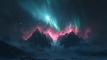 Spectacular aurora borealis displays vibrant pink and turquoise lights over mountain silhouettes, creating mystical arctic nighttime panorama. hypnotic photo