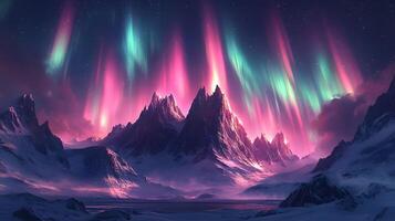 Spectacular aurora borealis displays vibrant pink and turquoise lights over mountain silhouettes, creating mystical arctic nighttime panorama. sky photo