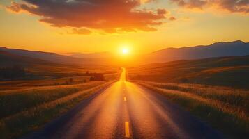 Scenic mountain road curves through rolling hills at sunset, golden sky and dramatic clouds create cinematic landscape with perfect perspective. twisting photo
