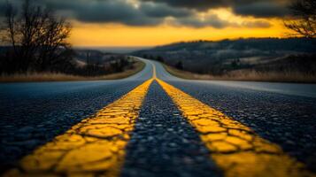 Scenic mountain road curves through rolling hills at sunset, golden sky and dramatic clouds create cinematic landscape with perfect perspective. meandering photo