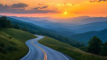 Scenic mountain road curves through rolling hills at sunset, golden sky and dramatic clouds create cinematic landscape with perfect perspective. adventuring photo