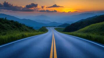 Scenic mountain road curves through rolling hills at sunset, golden sky and dramatic clouds create cinematic landscape with perfect perspective. witnessing photo