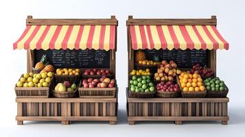 Charming wooden fruit stand with multicolored striped awnings displays fresh produce, featuring rustic market design with detailed retail elements. market photo