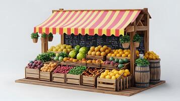 Charming wooden fruit stand with multicolored striped awnings displays fresh produce, featuring rustic market design with detailed retail elements. retail photo