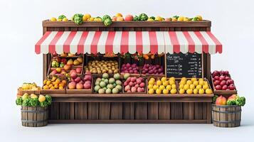 Charming wooden fruit stand with multicolored striped awnings displays fresh produce, featuring rustic market design with detailed retail elements. rustic photo