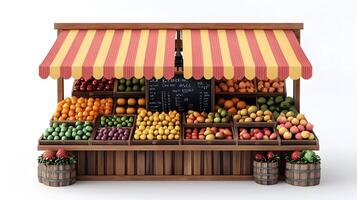 Charming wooden fruit stand with multicolored striped awnings displays fresh produce, featuring rustic market design with detailed retail elements. natural photo