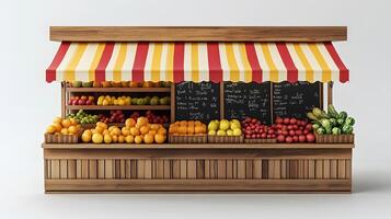 Charming wooden fruit stand with multicolored striped awnings displays fresh produce, featuring rustic market design with detailed retail elements. organic photo