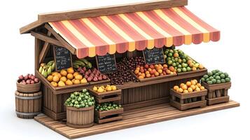 Charming wooden fruit stand with multicolored striped awnings displays fresh produce, featuring rustic market design with detailed retail elements. nutritious photo