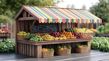 Charming wooden fruit stand with multicolored striped awnings displays fresh produce, featuring rustic market design with detailed retail elements. healthy photo