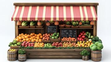 Charming wooden fruit stand with multicolored striped awnings displays fresh produce, featuring rustic market design with detailed retail elements. wholesome photo