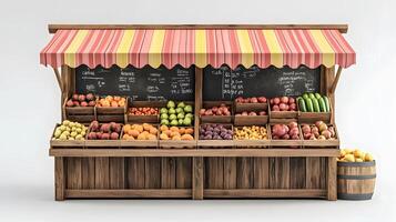 Charming wooden fruit stand with multicolored striped awnings displays fresh produce, featuring rustic market design with detailed retail elements. local photo