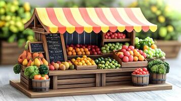 Charming wooden fruit stand with multicolored striped awnings displays fresh produce, featuring rustic market design with detailed retail elements. traditional photo