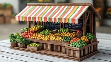 Charming wooden fruit stand with multicolored striped awnings displays fresh produce, featuring rustic market design with detailed retail elements. original photo