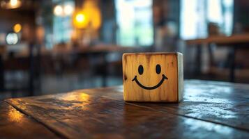 Wooden cube featuring simple smiley face stands against blurred modern office background. Warm bokeh lighting creates shallow depth of field in minimalist composition. cube photo