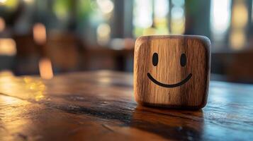 Wooden cube featuring simple smiley face stands against blurred modern office background. Warm bokeh lighting creates shallow depth of field in minimalist composition. smiley photo