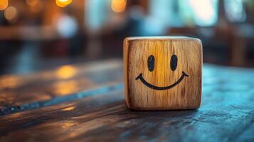 Wooden cube featuring simple smiley face stands against blurred modern office background. Warm bokeh lighting creates shallow depth of field in minimalist composition. face photo