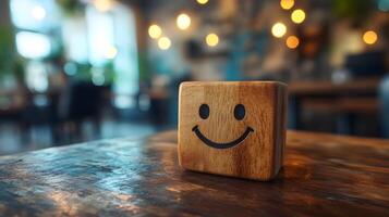 Wooden cube featuring simple smiley face stands against blurred modern office background. Warm bokeh lighting creates shallow depth of field in minimalist composition. bokeh photo