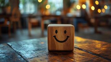 Wooden cube featuring simple smiley face stands against blurred modern office background. Warm bokeh lighting creates shallow depth of field in minimalist composition. office photo