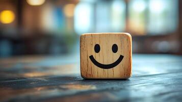 Wooden cube featuring simple smiley face stands against blurred modern office background. Warm bokeh lighting creates shallow depth of field in minimalist composition. lighting photo